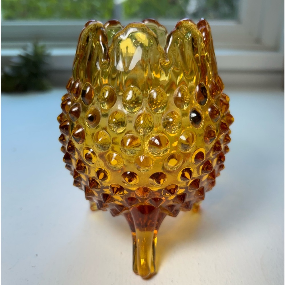 Vintage MCM amber glass egg shaped hobnail rose bowl vase petal rim - Picture 2 of 8
